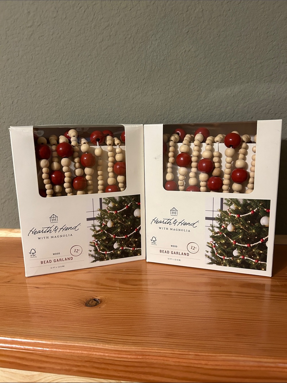 2 sets Hearth & Hand Red and Natural Wood Bead Garland 12’